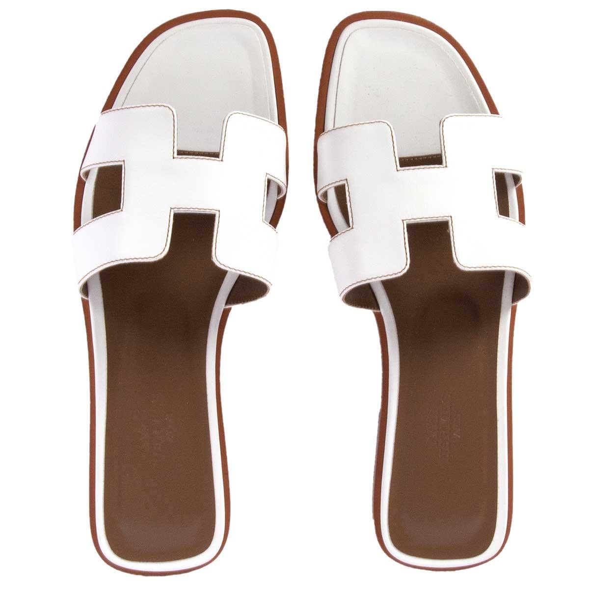 Women's HERMES white leather ORAN Flat Slides Sandals Shoes 37