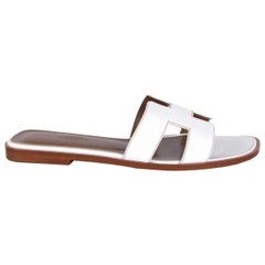 HERMES white leather ORAN Flat Slides Sandals Shoes 37