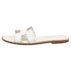 Hermes White Leather Oran Flat Slides Size 37.5
