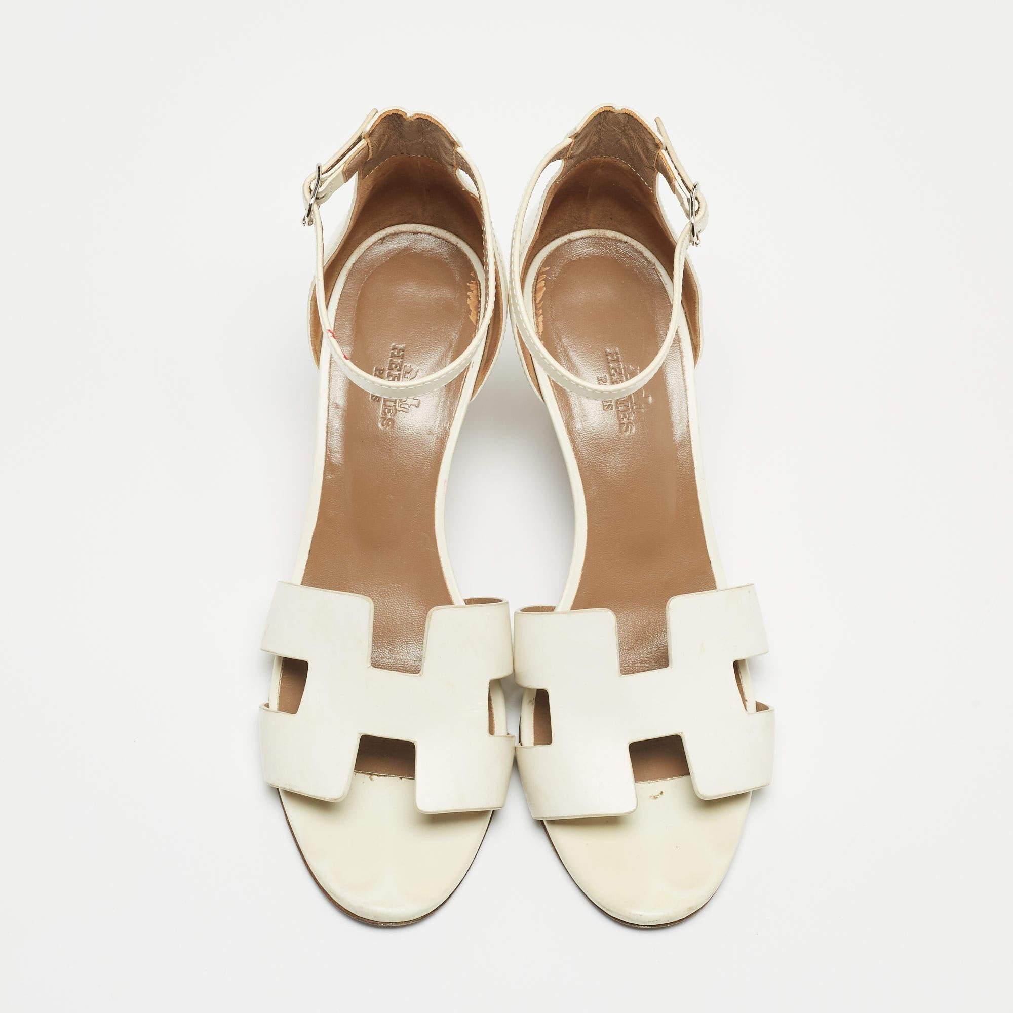 Hermes White Leather Premiere 70 Wedge Sandals  3