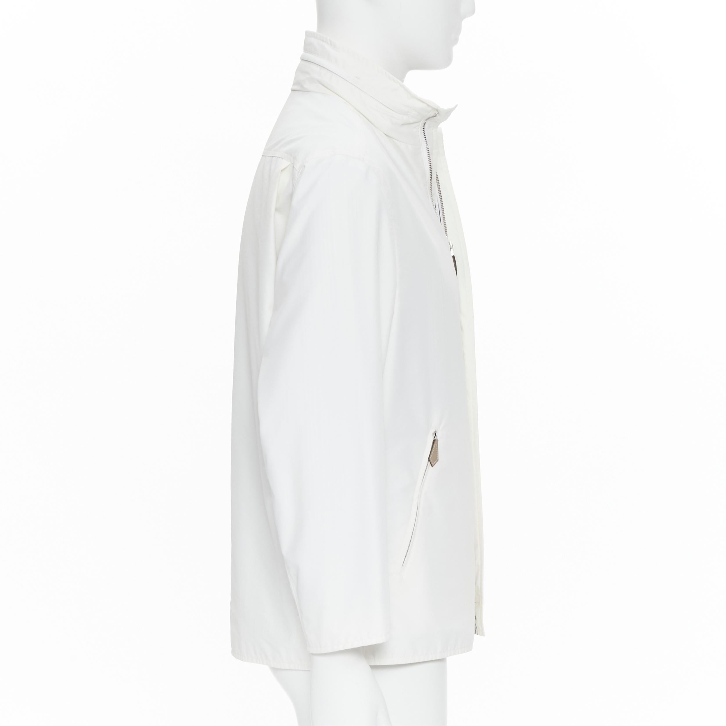 Gray HERMES white leather zip pull striped cotton lining hooded anorak jacket FR48 M For Sale