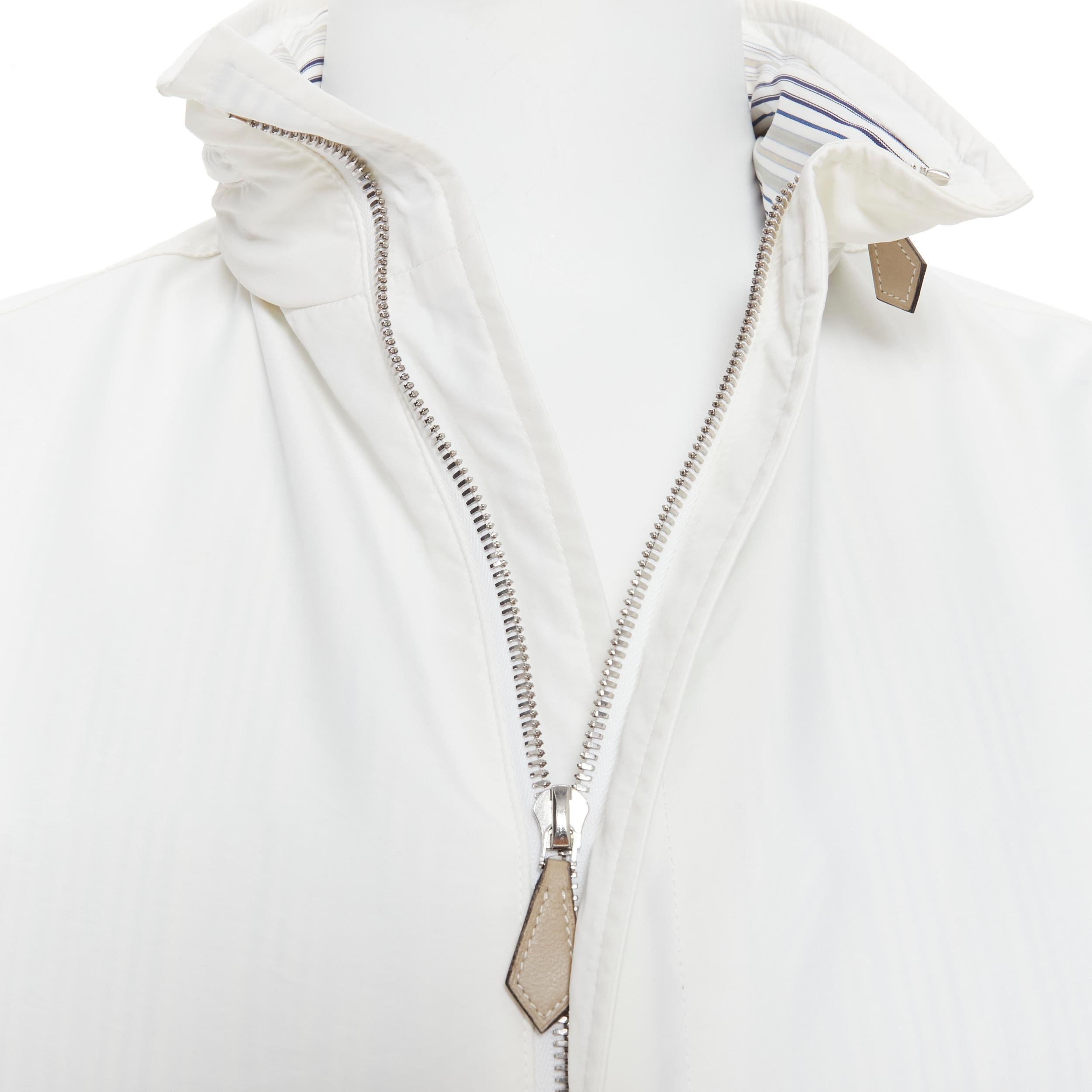 HERMES white leather zip pull striped cotton lining hooded anorak jacket FR48 M For Sale 3