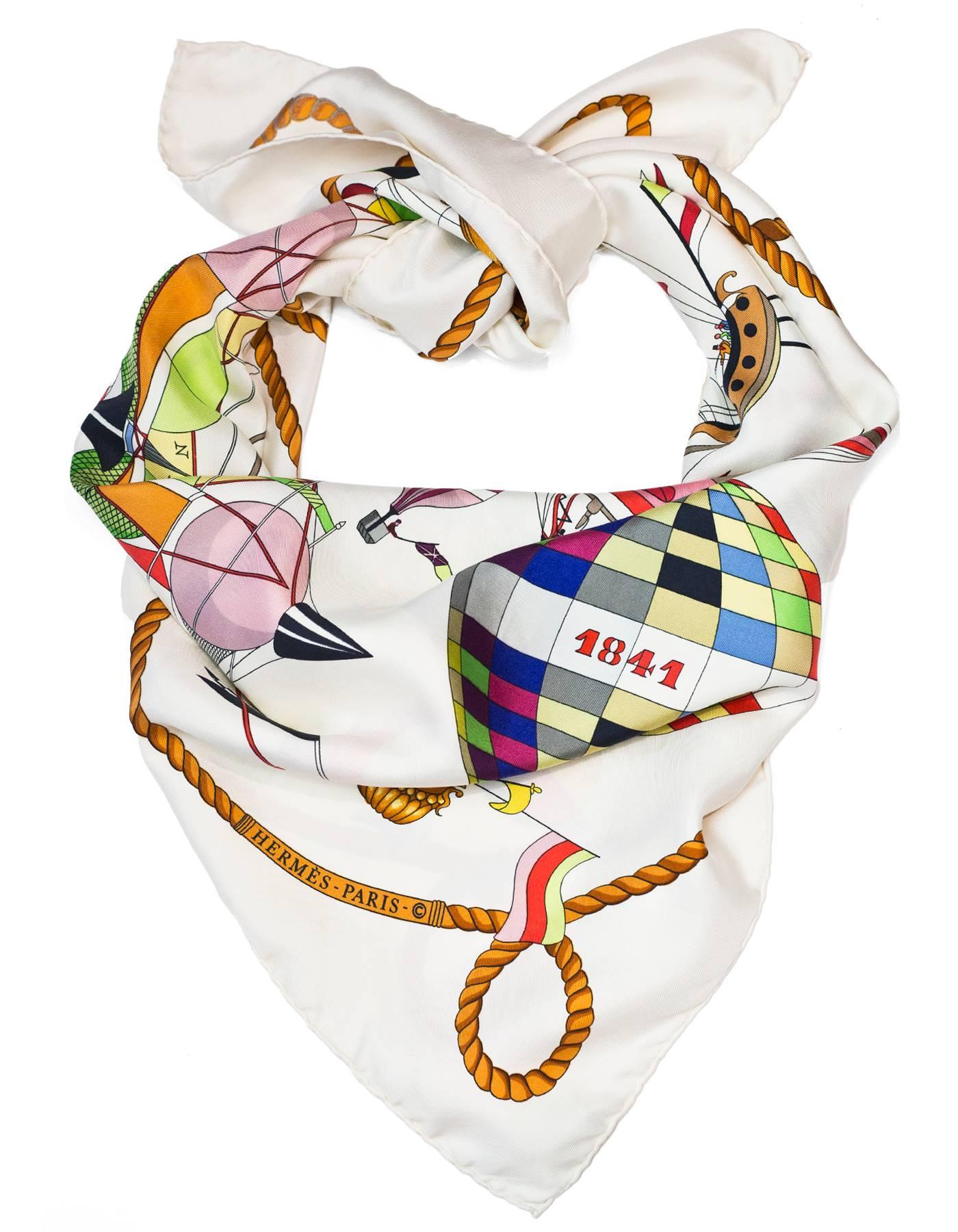 Hermes White Les Folies du Ciel Silk 90cm Scarf

Made In: France
Color: White, multi
Composition: 100% Silk
Retail Price: $395 + tax
Overall Condition: Very good pre-owned condition, some stains throughout

Measurements:
Length: 35