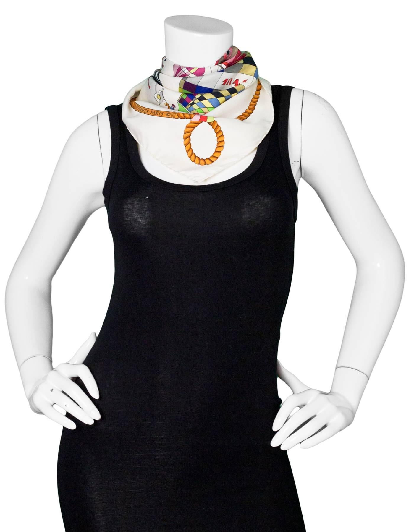 Hermes White Les Folies du Ciel 90cm Silk Scarf In Good Condition In New York, NY