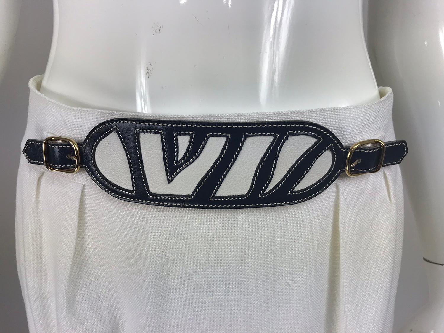 Hermes White Linen Skirt Navy & White Intarsia Leather Belt Front  2
