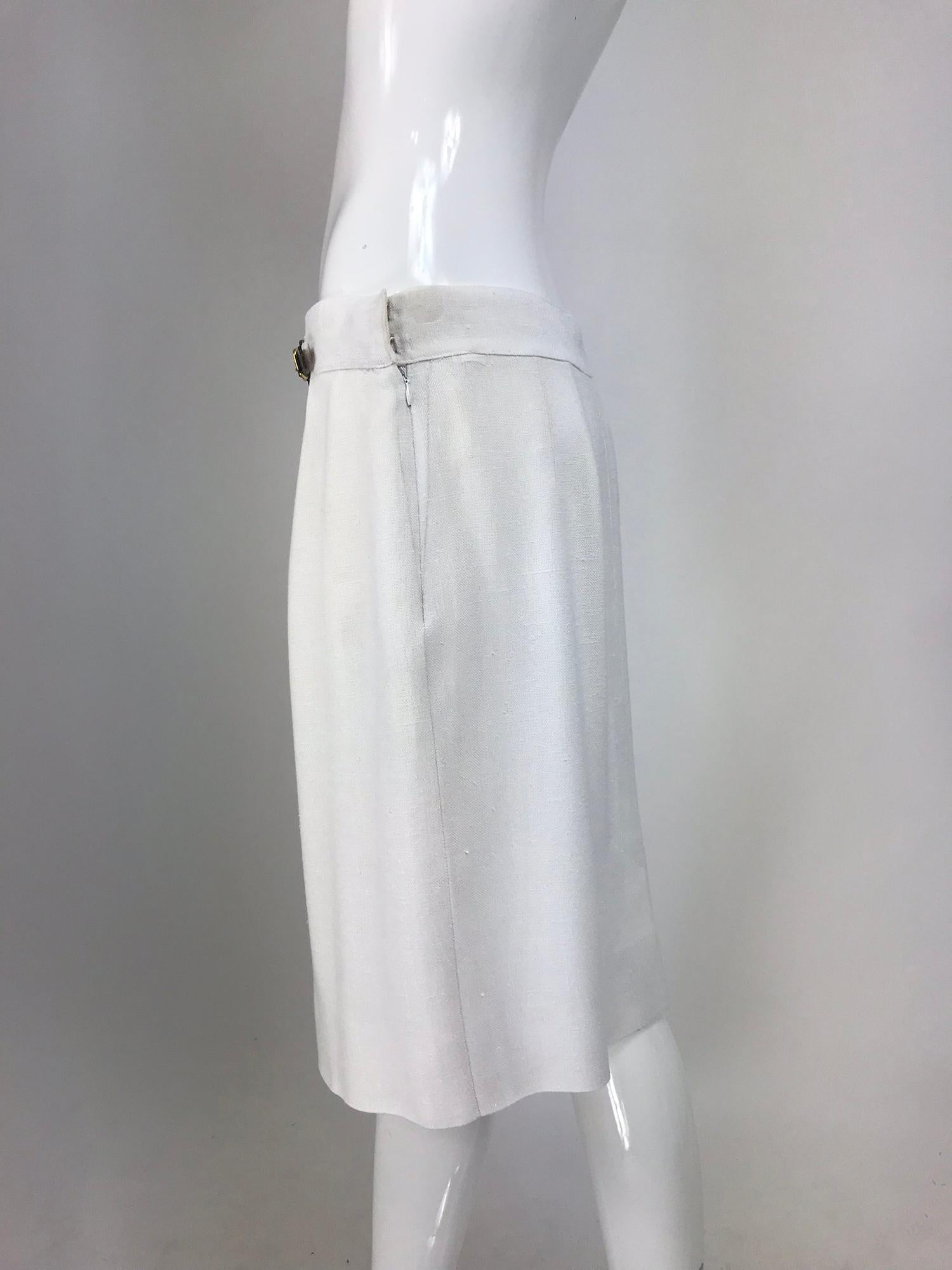 Gray Hermes White Linen Skirt Navy & White Intarsia Leather Belt Front 