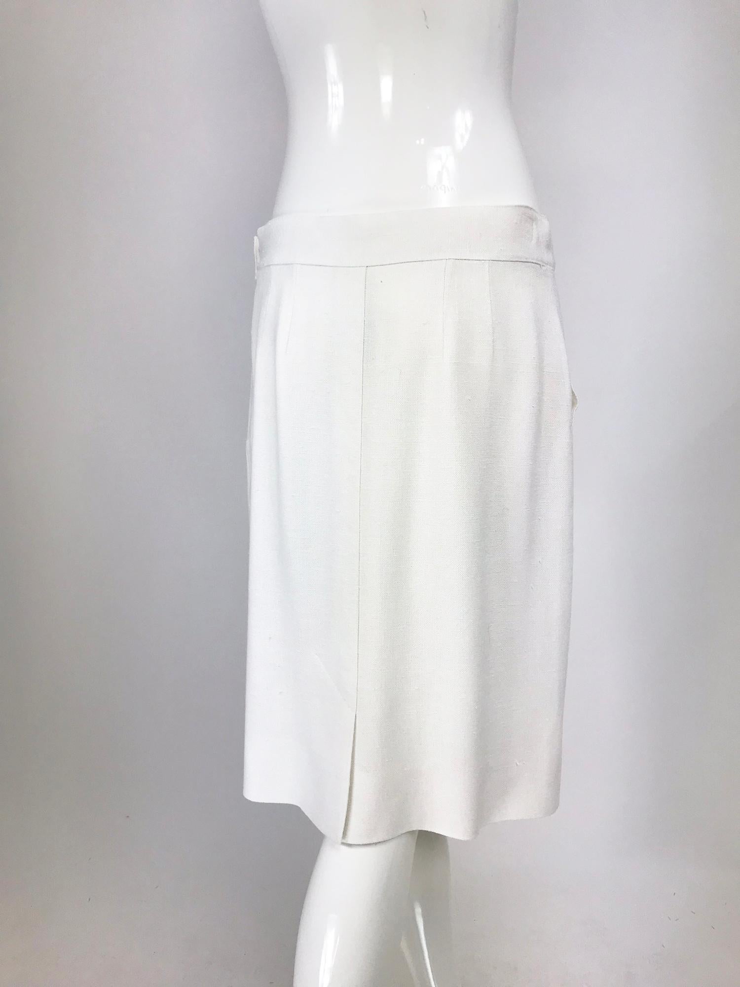 Women's Hermes White Linen Skirt Navy & White Intarsia Leather Belt Front 