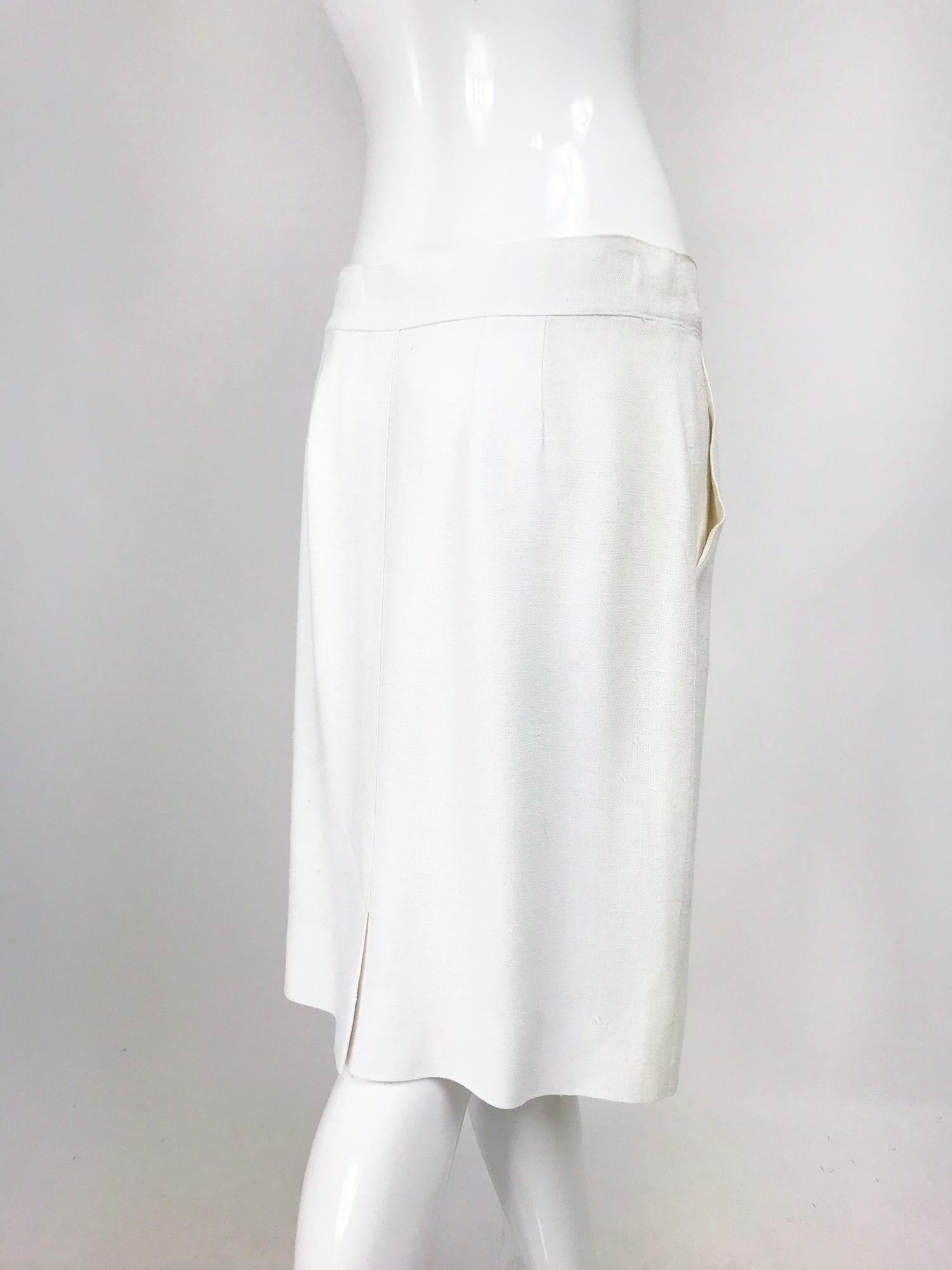 Hermes White Linen Skirt Navy & White Intarsia Leather Belt Front  1