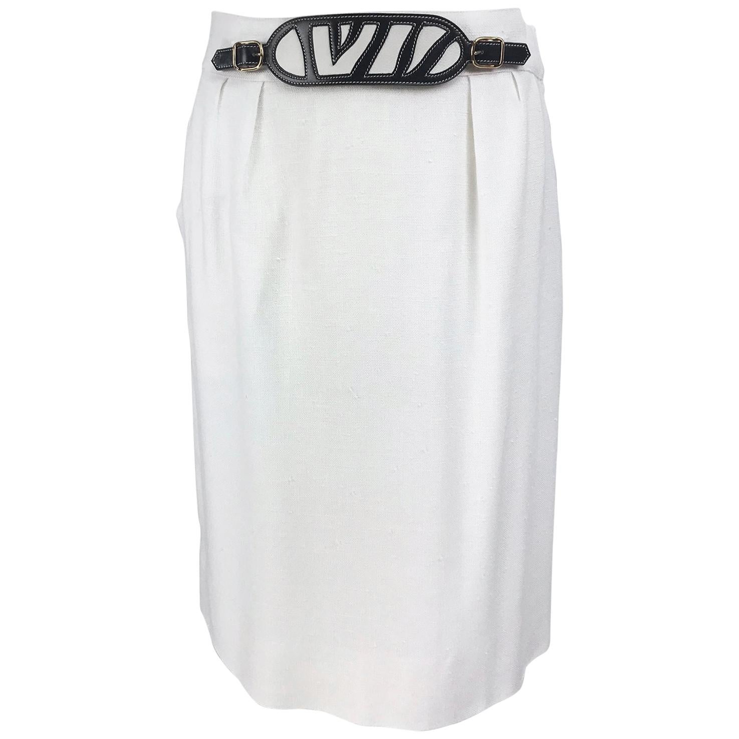 Hermes White Linen Skirt Navy & White Intarsia Leather Belt Front 