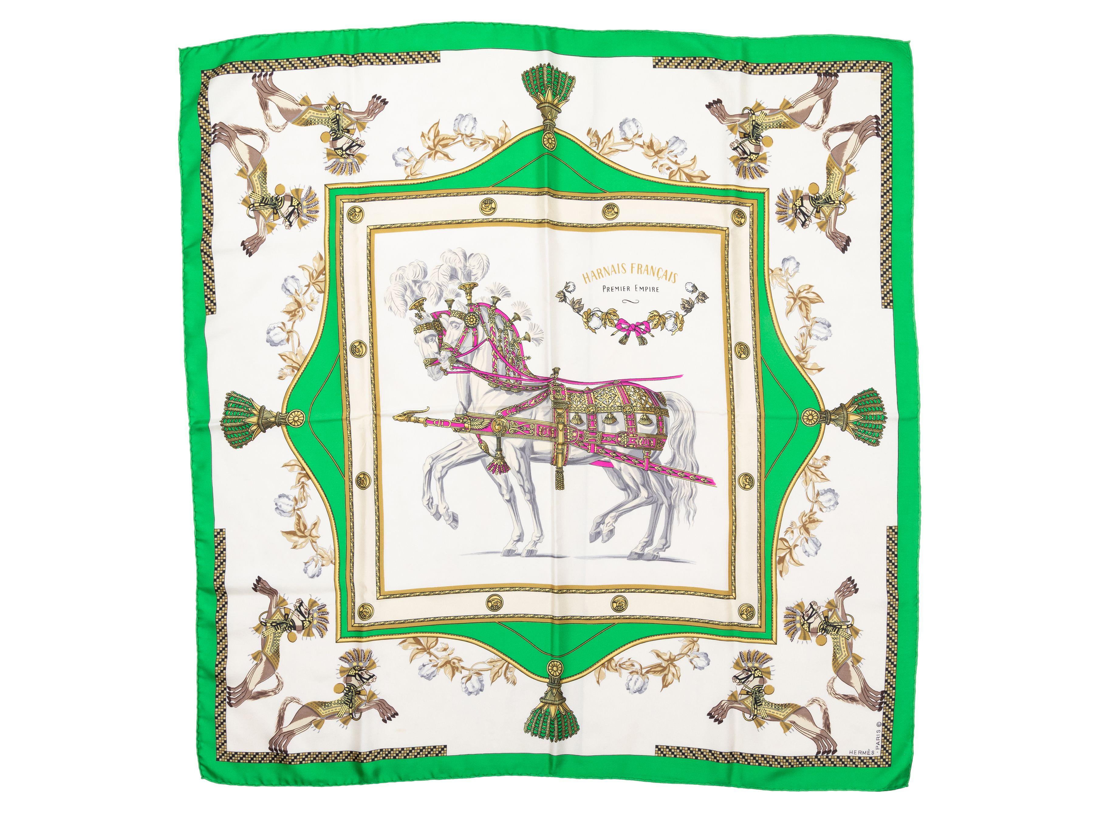Product Details: White and multicolor silk Harnais Francais Premier Empire motif print scarf by Hermes. 34.5