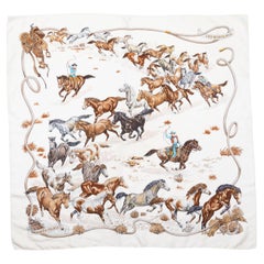 Hermès - Écharpe en soie « Les Mustangs » blanche et multicolore