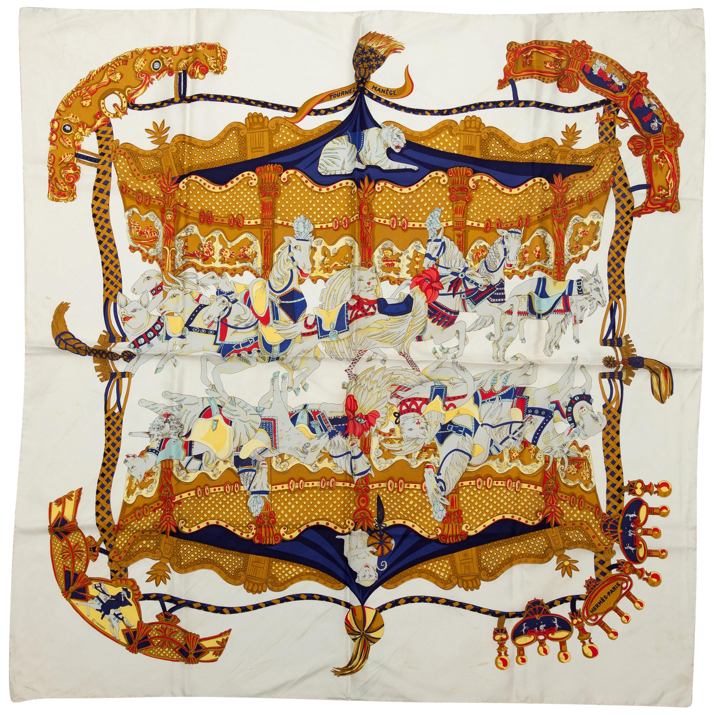 Hermes White & Multicolor 'Tournez Manege' Silk Scarf