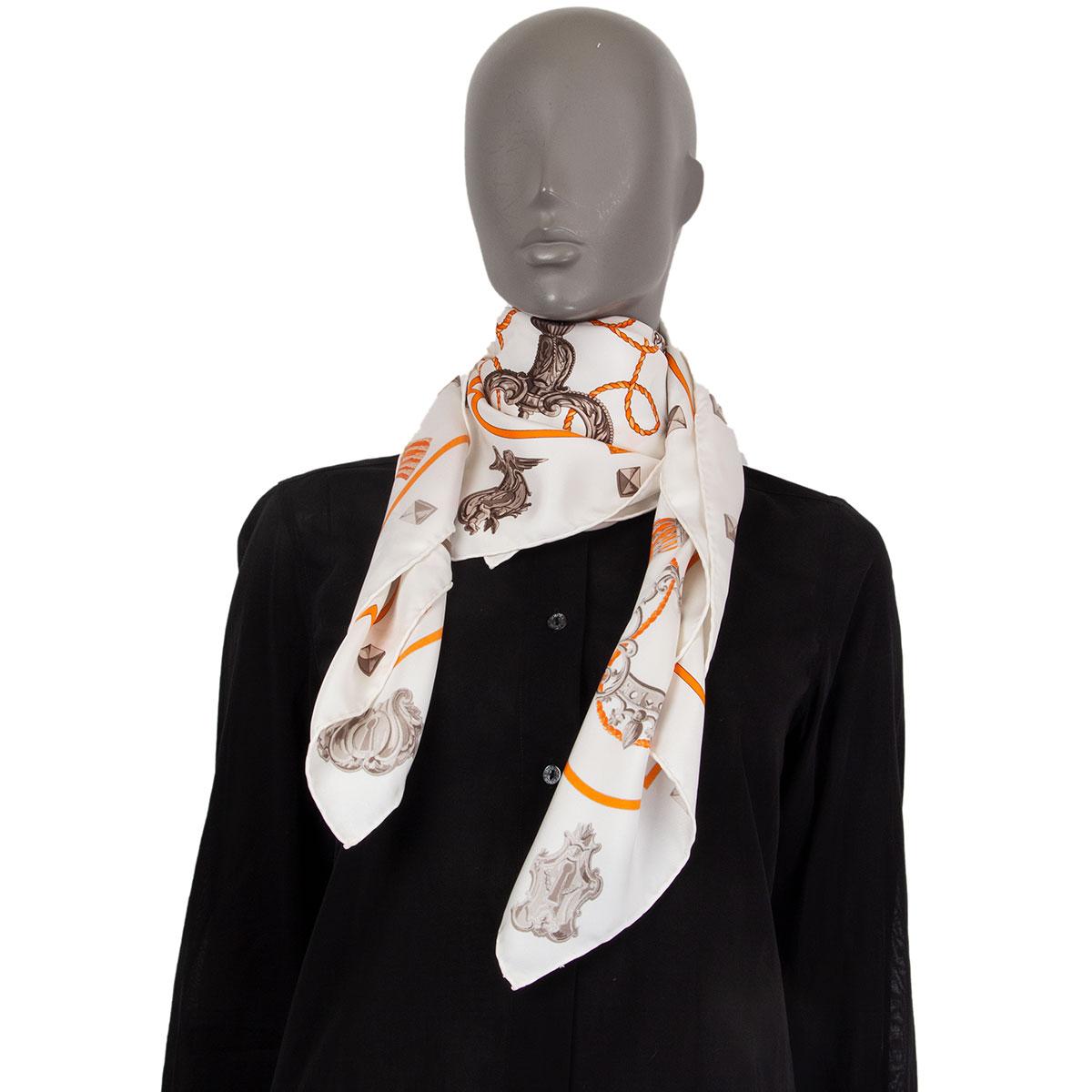 Women's or Men's Hermes white orange LES CLES 90 silk Scarf
