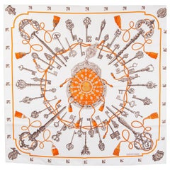 Hermes white orange LES CLES 90 silk Scarf