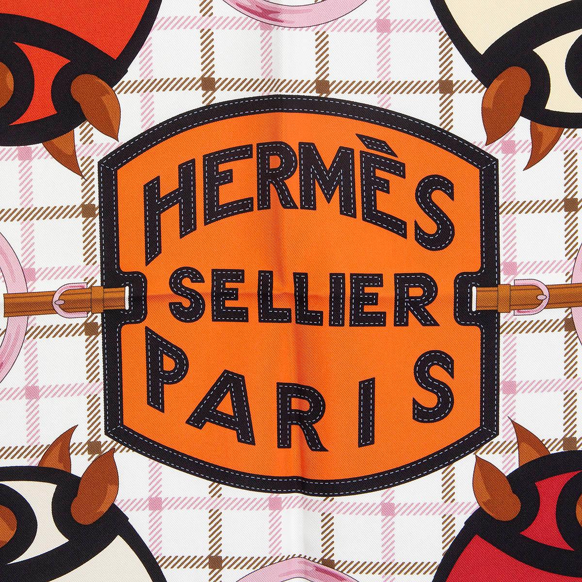 100% authentic Hermès Tatersale 90 scarf by Herni d'Origny in white silk twill (100%) with details in apricot, black and brown. Has a barely visible stain at the border, otherwise in excellent condition.

Issued 2014, First issue