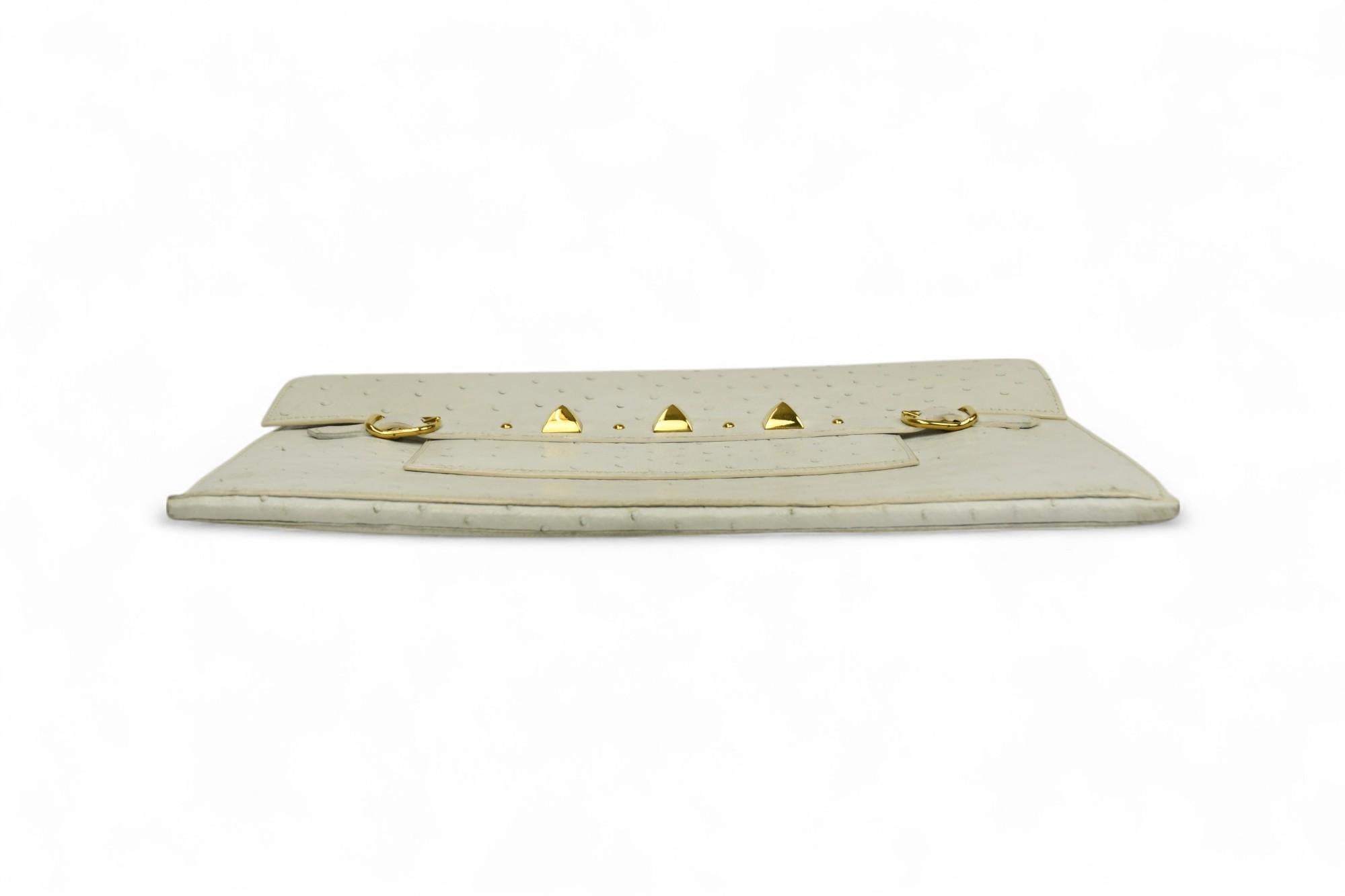 Hermès White Ostrich Pre-Médor Clutch  Gold Pyramid Stud Detail For Sale 1