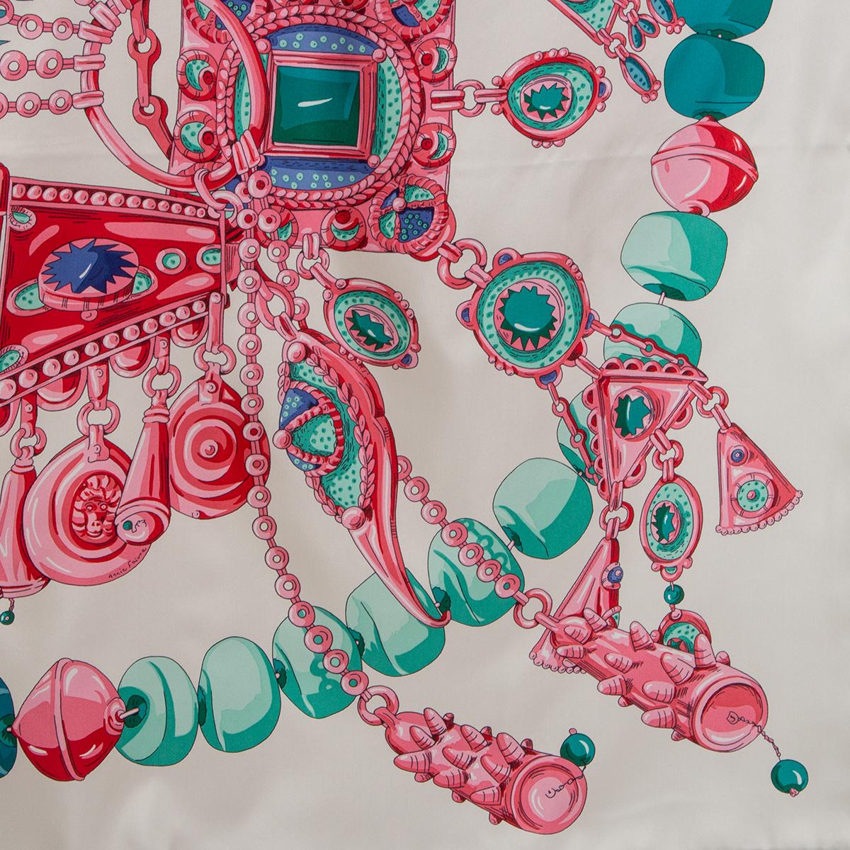 Green HERMES white PARURES PRECIEUSES 140 Scarf silk Creme Turquoise Rosé
