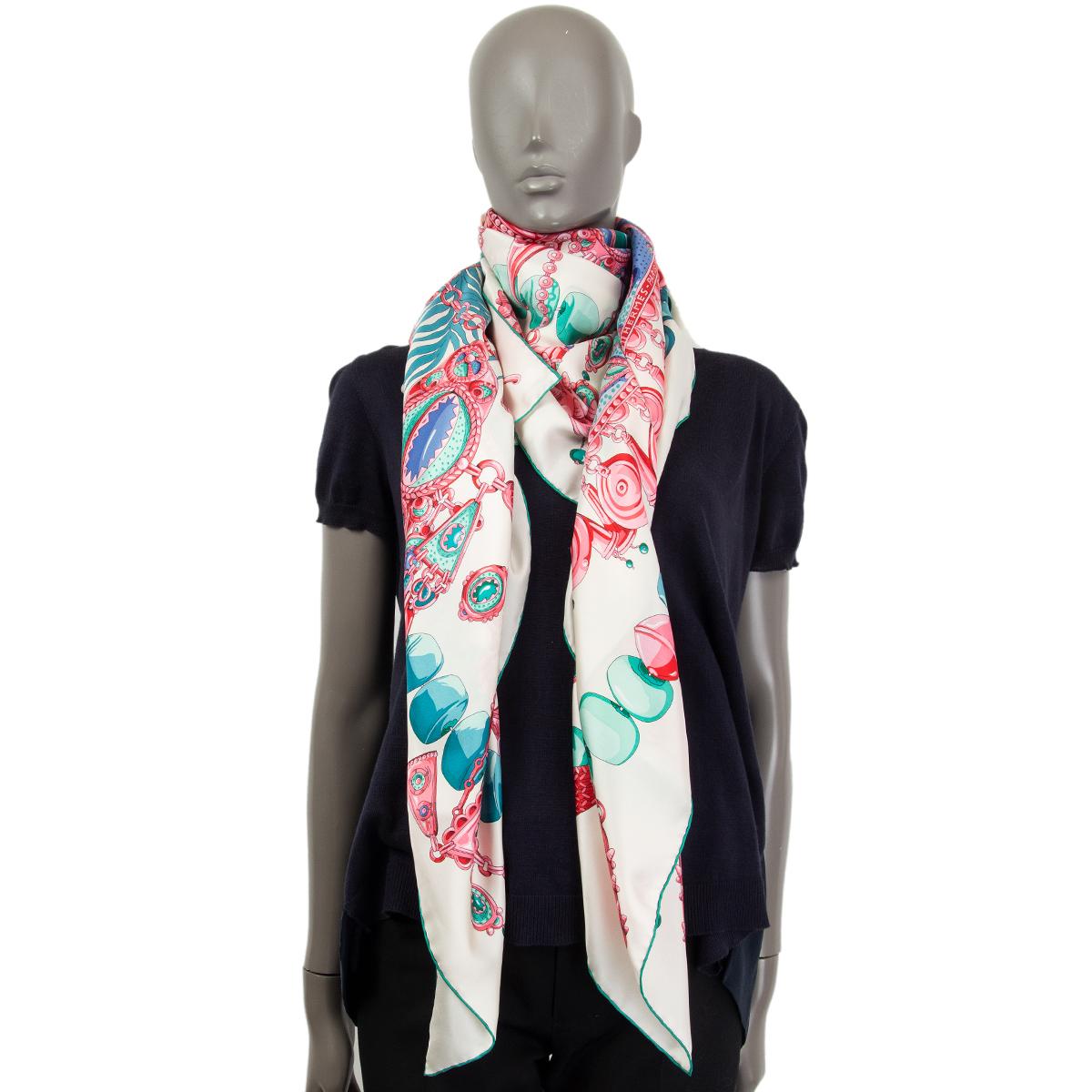 HERMES white PARURES PRECIEUSES 140 Scarf silk Creme Turquoise Rosé 1