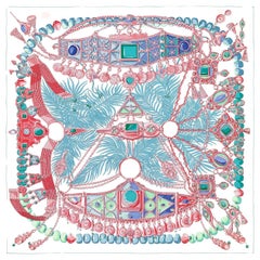 HERMES bianco PARURES PRECIEUSES 140 Sciarpa di seta Creme Turquoise Rosé