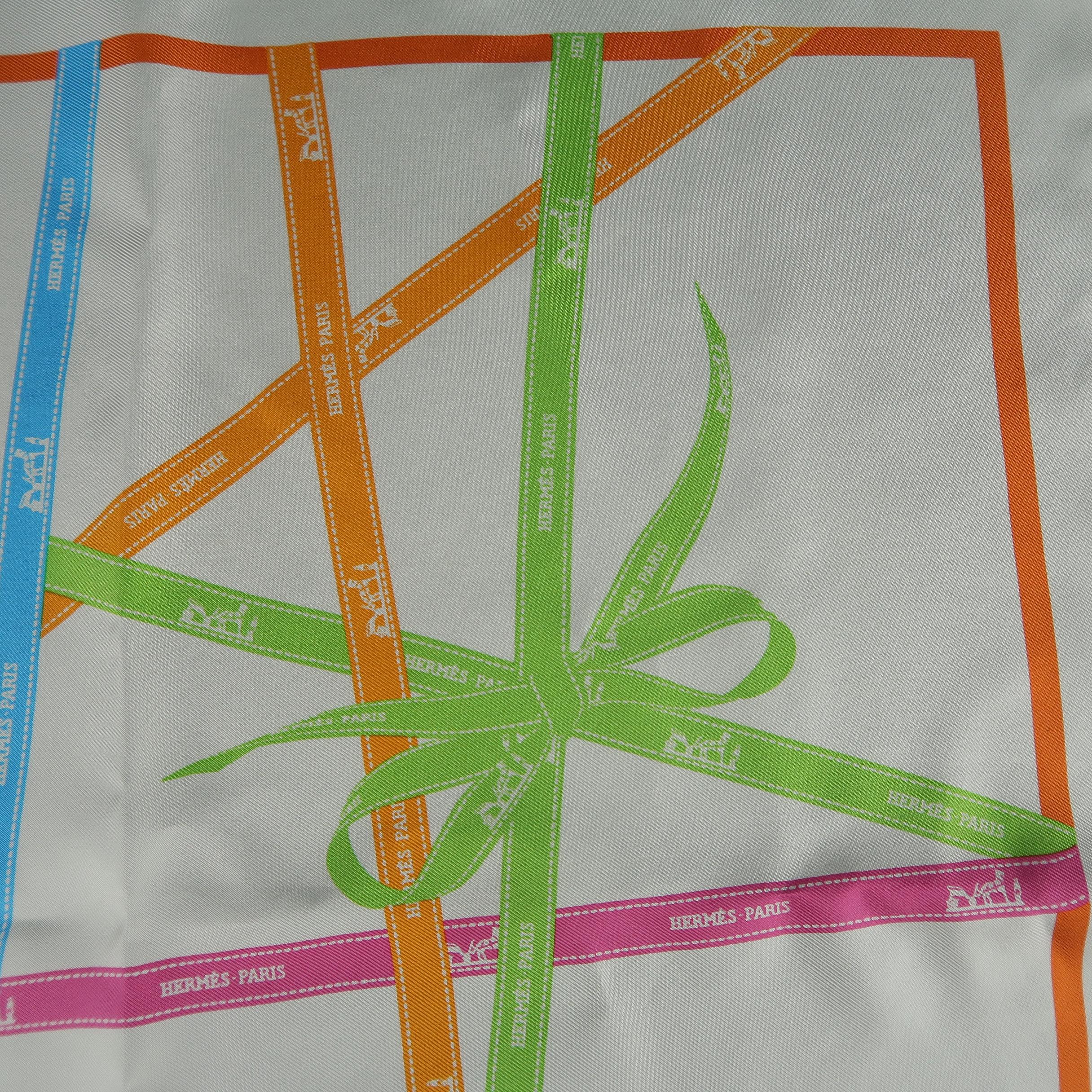 Beige HERMES White Pink Green Blue & Orange Silk BOLDUC Ribbon Print Pocket Square