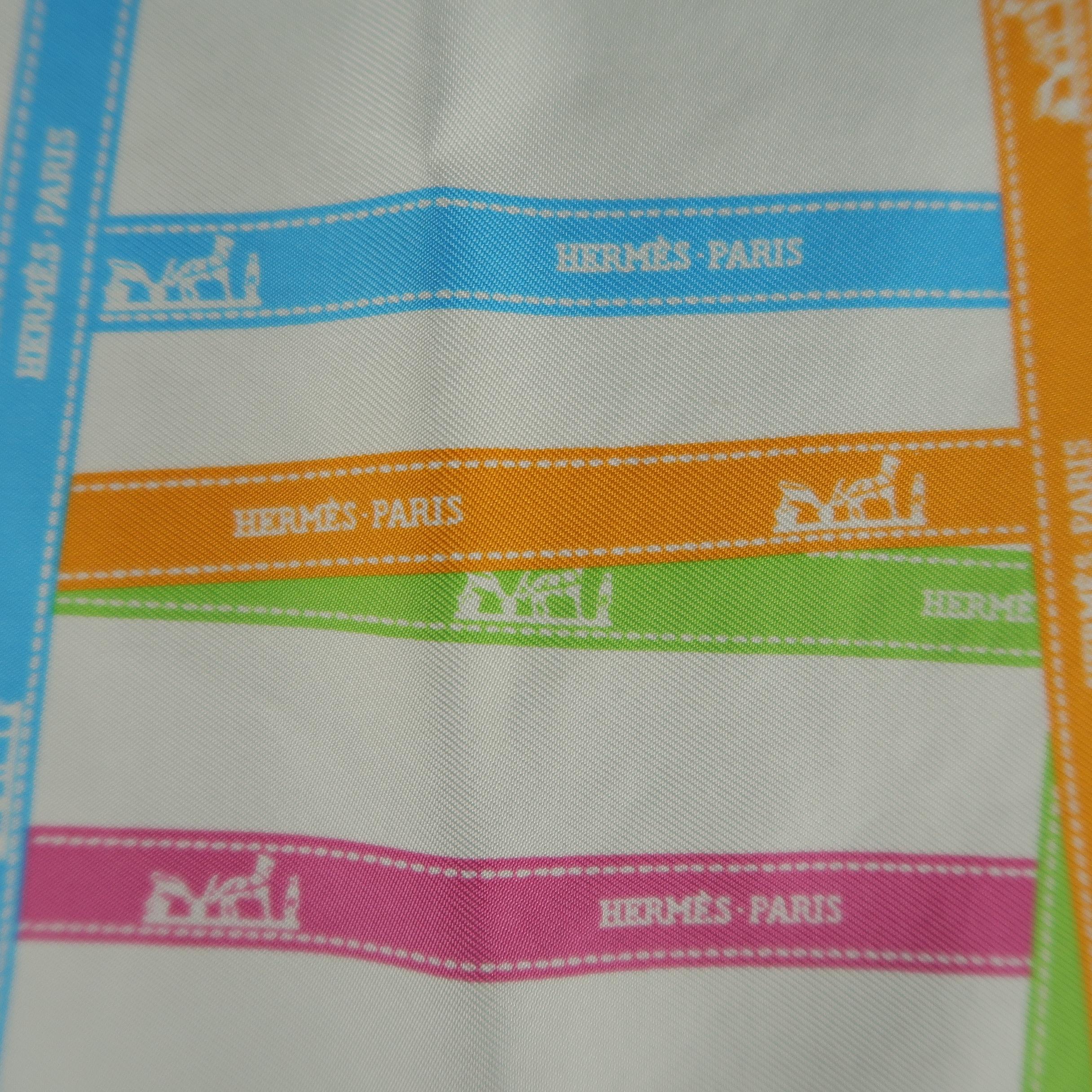 HERMES White Pink Green Blue & Orange Silk BOLDUC Ribbon Print Pocket Square In Excellent Condition In San Francisco, CA