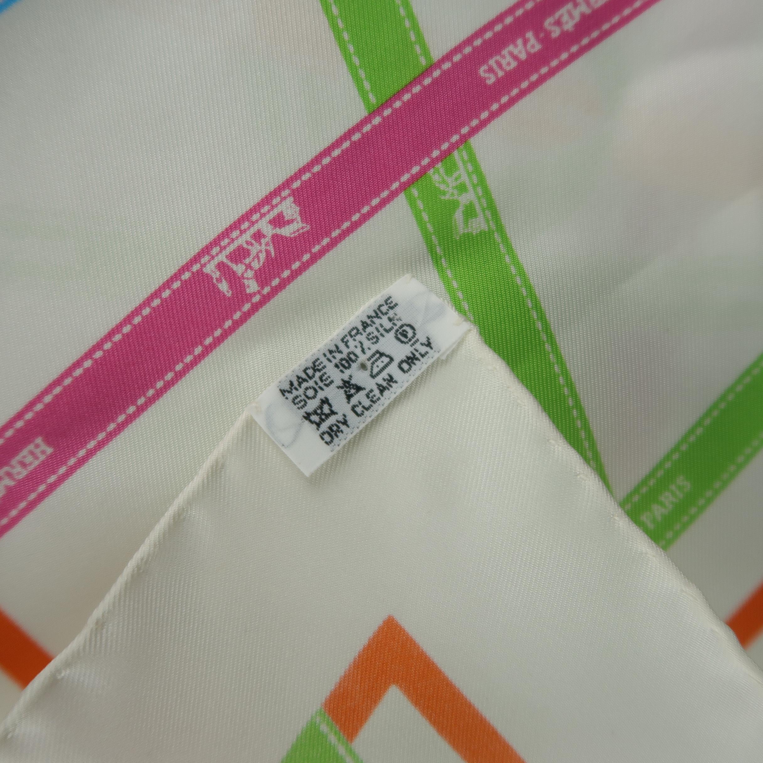 Men's HERMES White Pink Green Blue & Orange Silk BOLDUC Ribbon Print Pocket Square