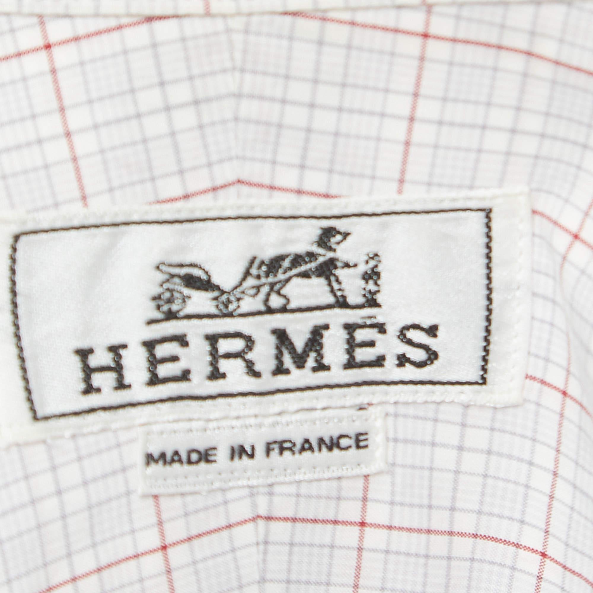 Gray Hermes White Plaid Cotton Button Down Full Sleeve Shirt L