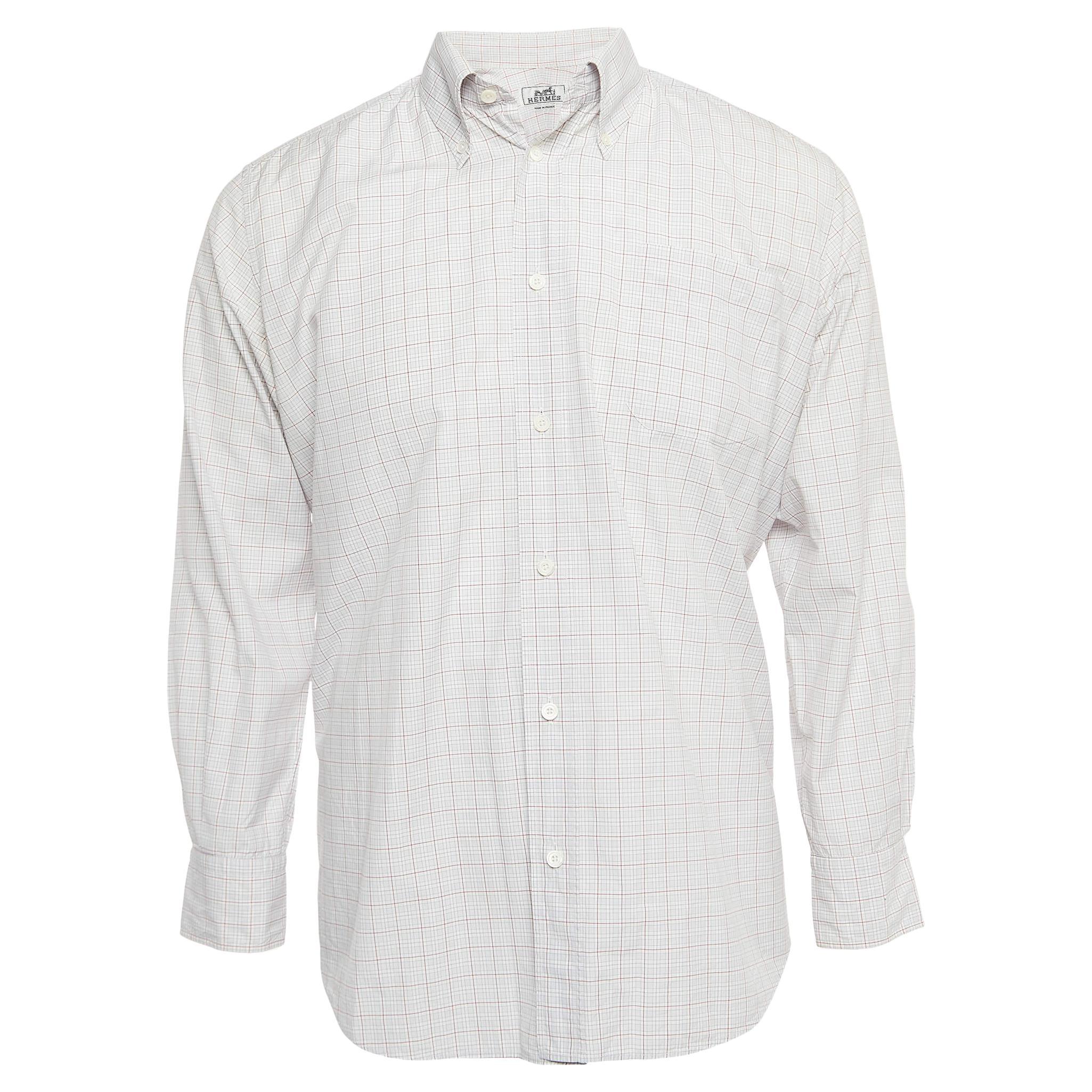 Hermes White Plaid Cotton Button Down Full Sleeve Shirt L