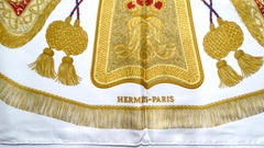 Hermes White "Post et Cavalerie" Tassel Print Silk Scarf circa 1980s