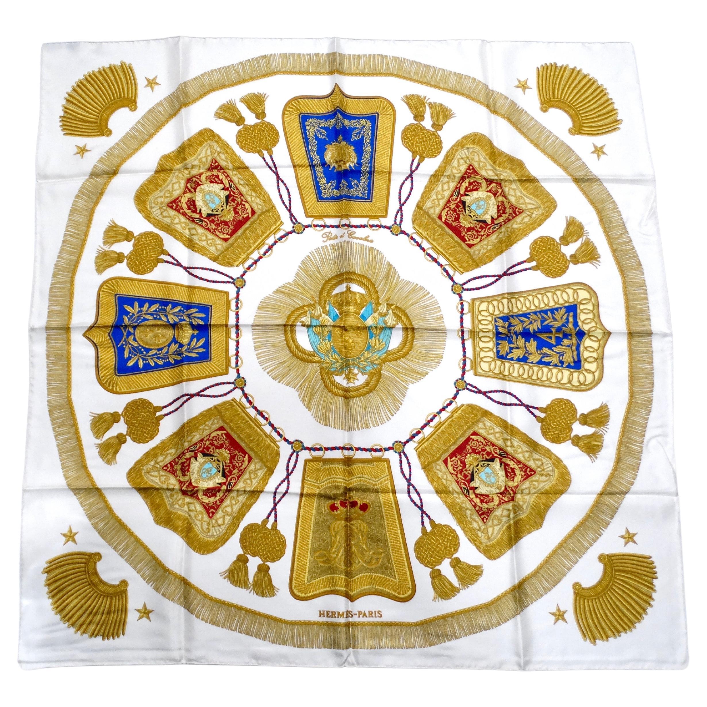 Hermes White "Post et Cavalerie" Tassel Print Silk Scarf circa 1980s For Sale