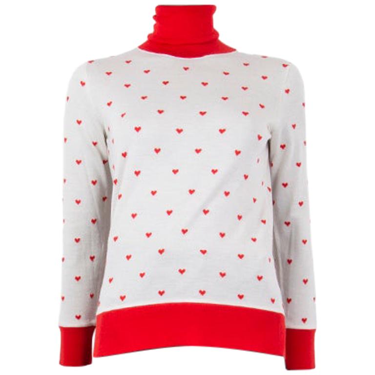 HERMES white & red cashmere & silk HEART TURTLENECK Sweater XS