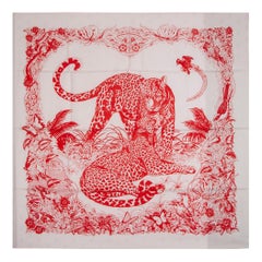 HERMES blanc rouge JUNGLE LOVE TATTOO 90 écharpe en twill de soie