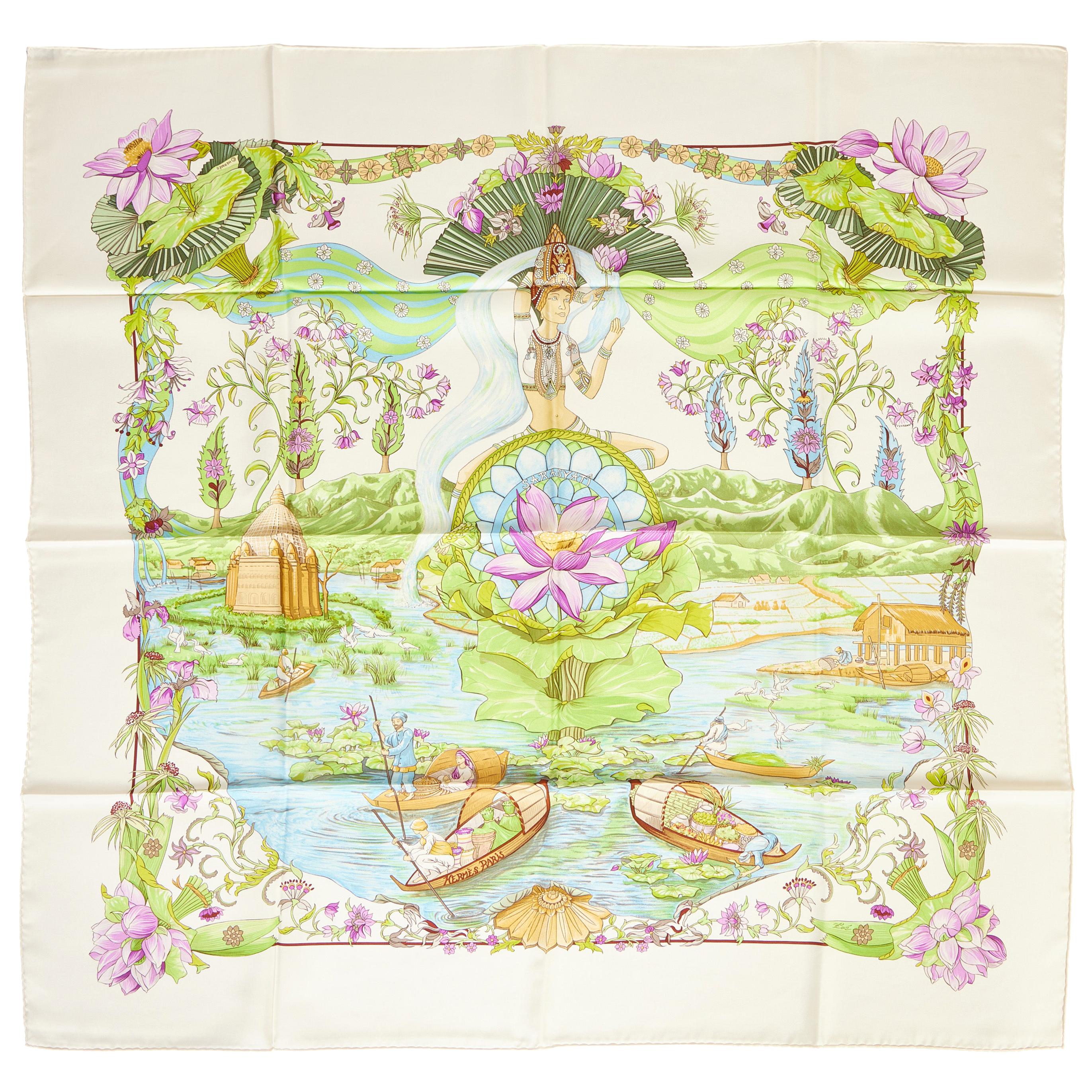 Hermes White Sarasvati Silk Scarf