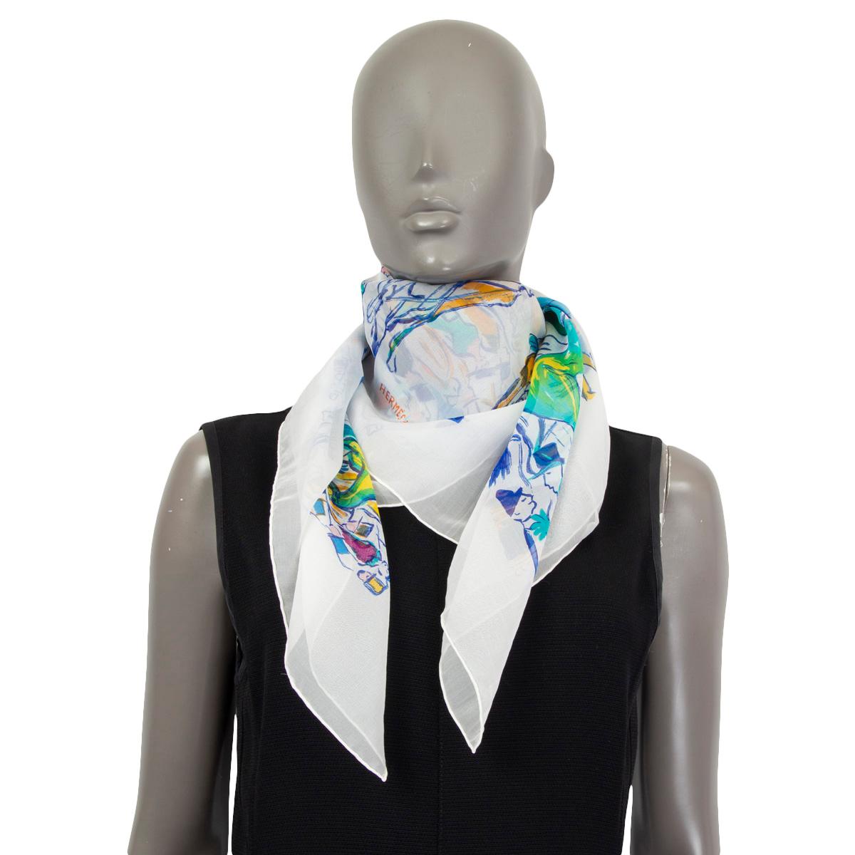 HERMES white silk chiffon PADDOCK 90 MOUSSELINE Scarf 2