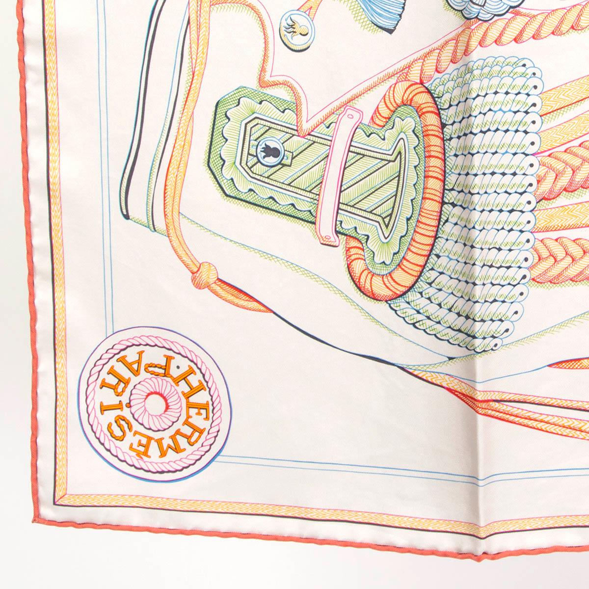 White HERMES white silk ZOUAVES ET DRAGONS 90 WASH Scarf Gris Argent Vert Bleu