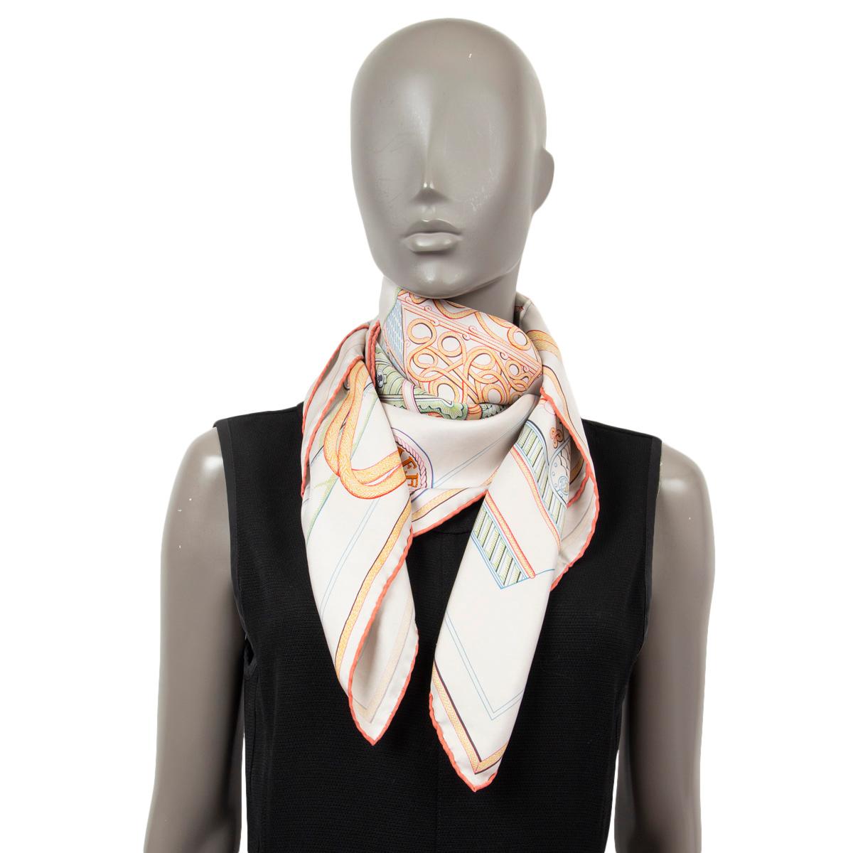 HERMES white silk ZOUAVES ET DRAGONS 90 WASH Scarf Gris Argent Vert Bleu 2
