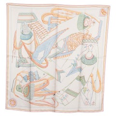 HERMES white silk ZOUAVES ET DRAGONS 90 WASH Scarf Gris Argent Vert Bleu