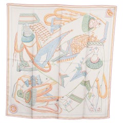 HERMES white silk ZOUAVES ET DRAGONS 90 WASH Scarf Gris Argent Vert Bleu