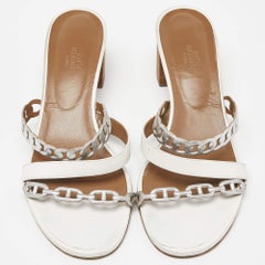 Hermes White/Silver Leather Ajaccio Block Heel Slide Sandals