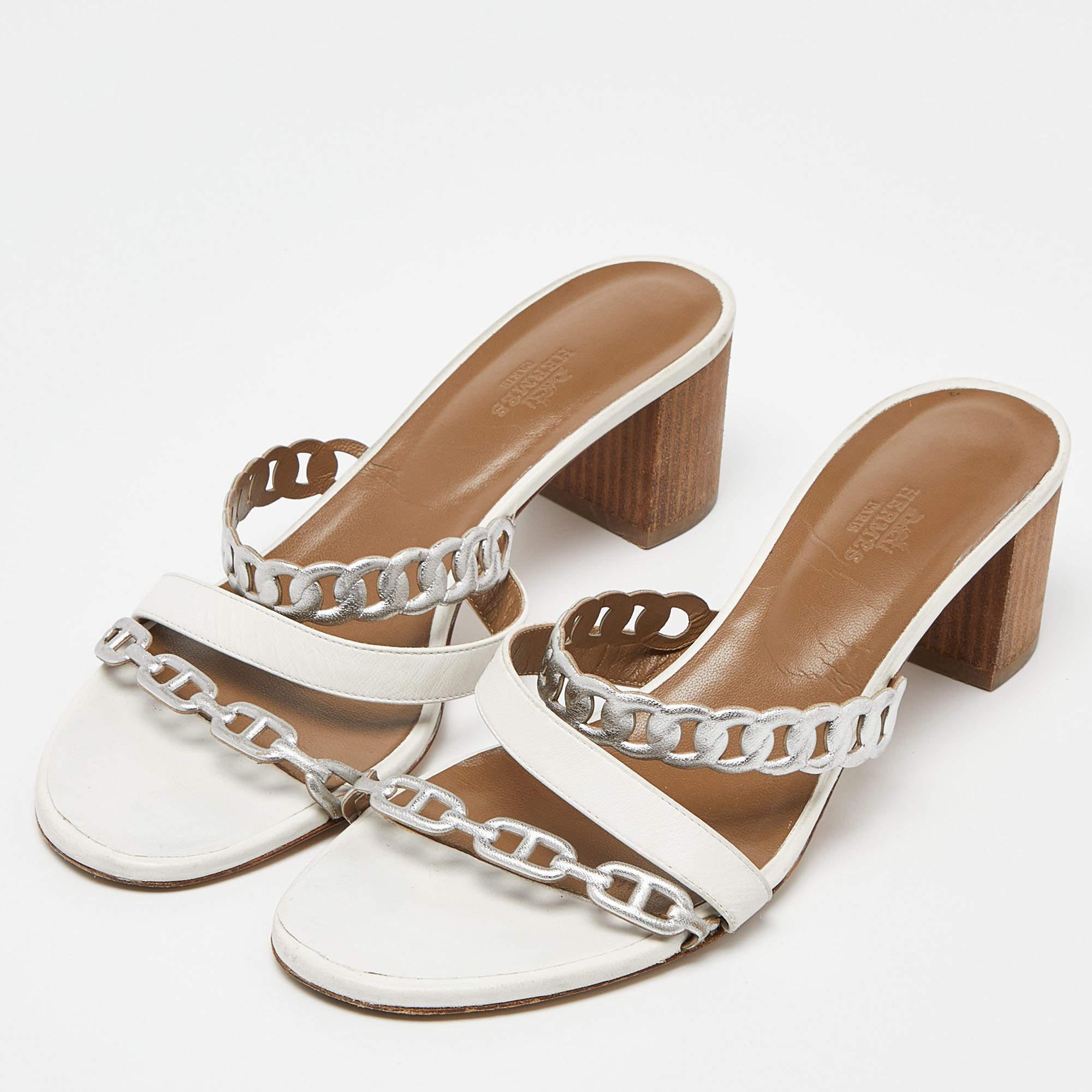 Women's Hermes White/Silver Leather Ajaccio Block Heel Slide Sandals 