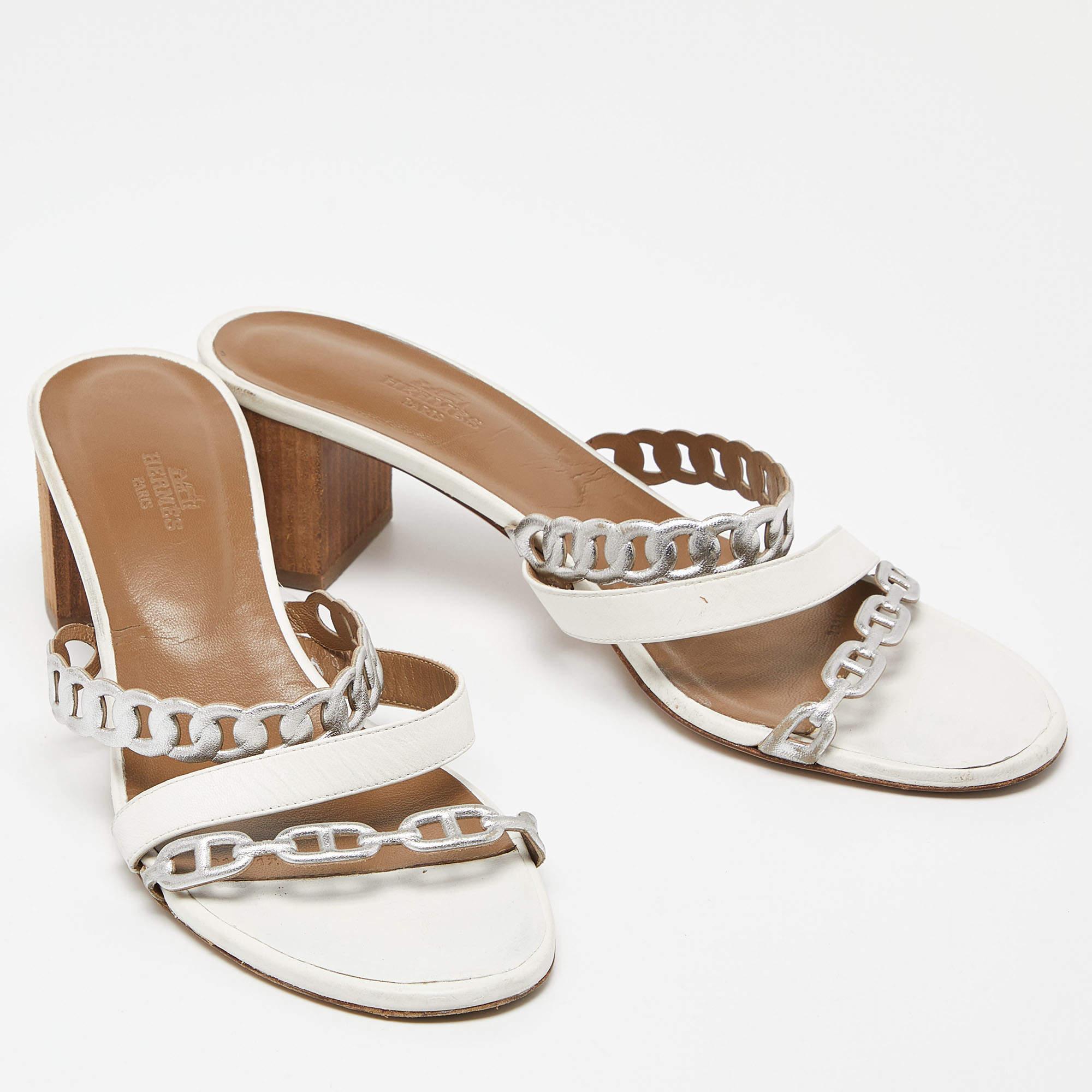 Hermes White/Silver Leather Ajaccio Block Heel Slide Sandals  1