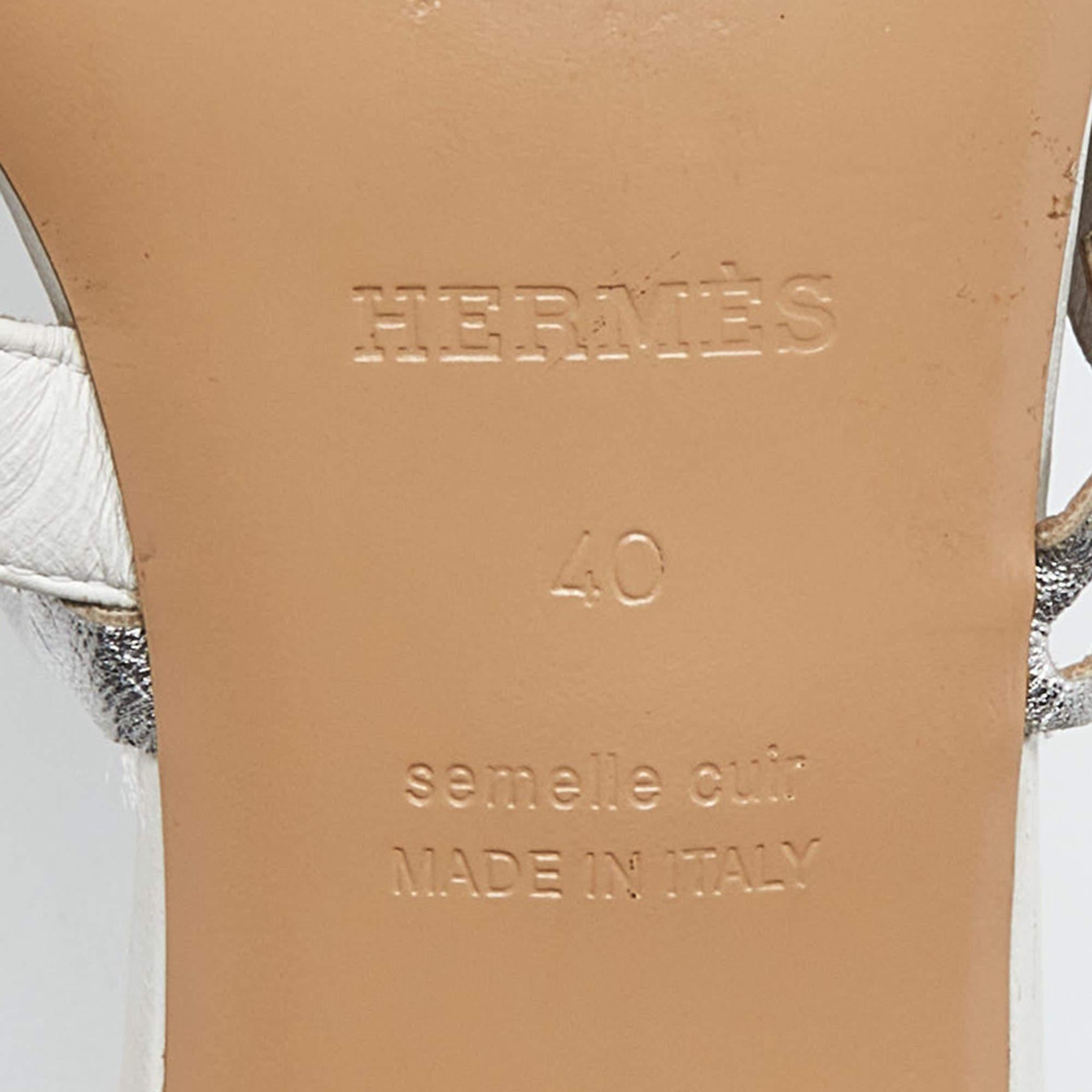 Hermes White/Silver Leather Ajaccio Block Heel Slide Sandals  3