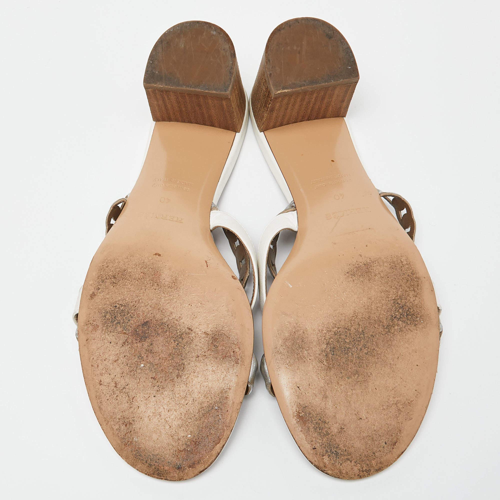 Hermes White/Silver Leather Ajaccio Block Heel Slide Sandals  4