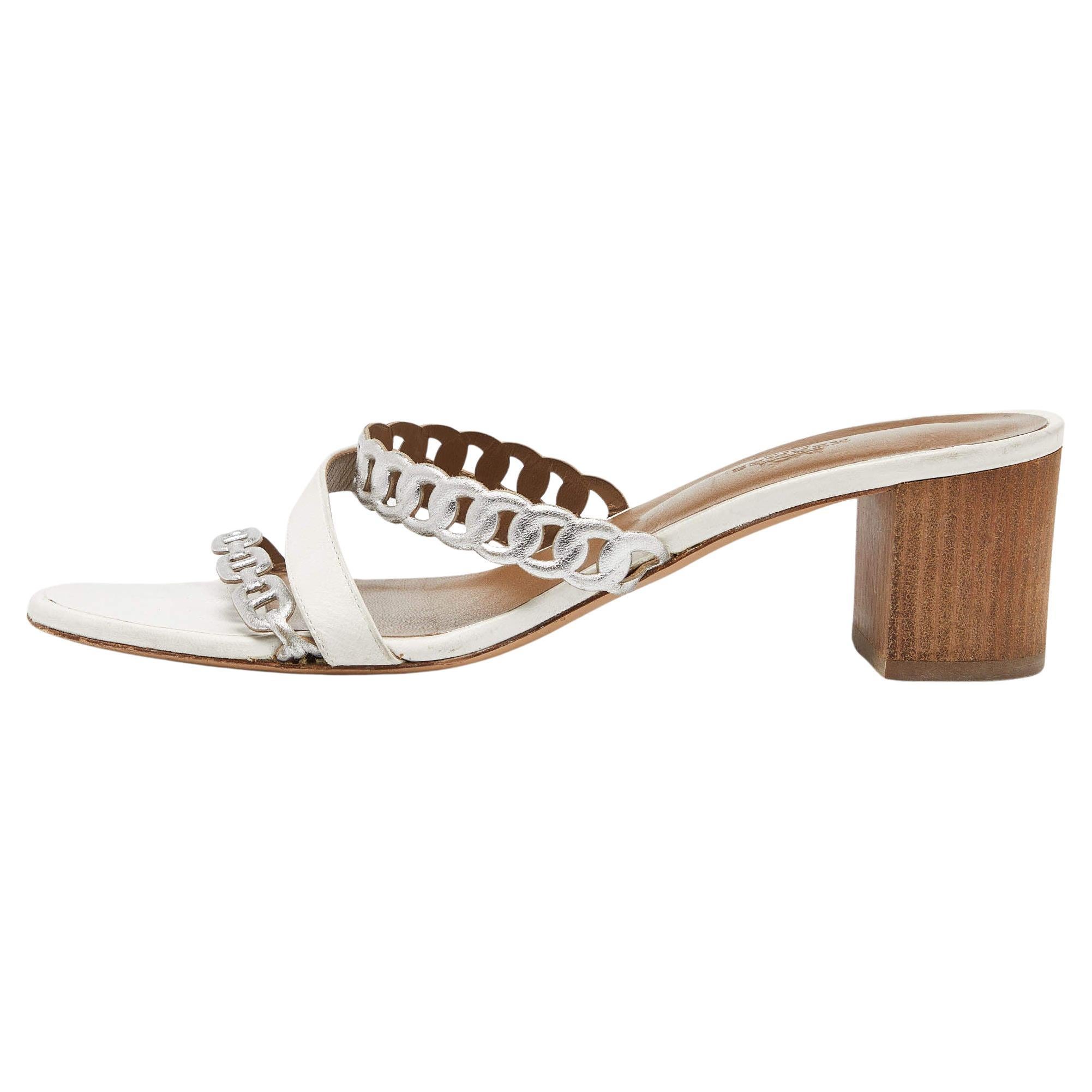 Hermes White/Silver Leather Ajaccio Block Heel Slide Sandals 