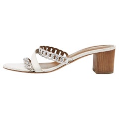 Hermes White/Silver Leather Ajaccio Block Heel Slide Sandals