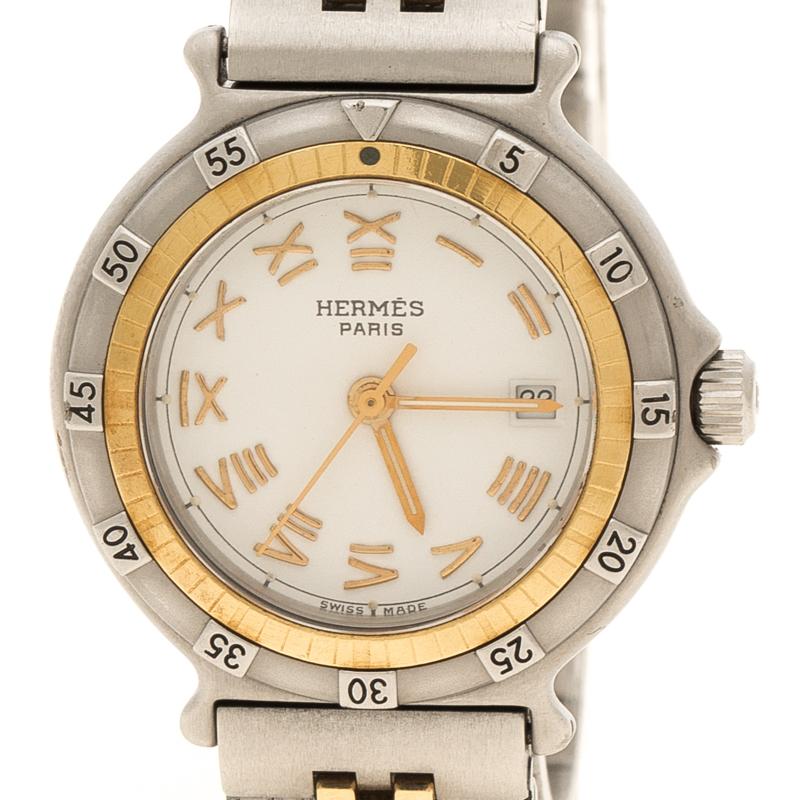 Contemporary Hermes White Stainless Steel And Gold Tone Captain Nemo Women's Wristwatch 27 mm