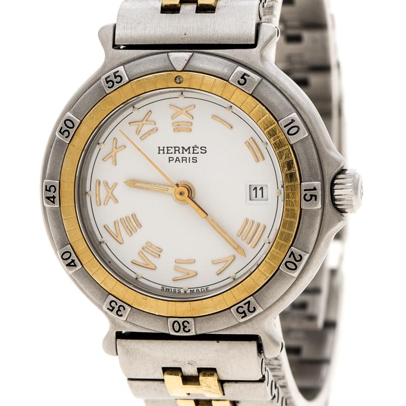 Hermes White Stainless Steel And Gold Tone Captain Nemo Women's Wristwatch 27 mm In Good Condition In Dubai, Al Qouz 2