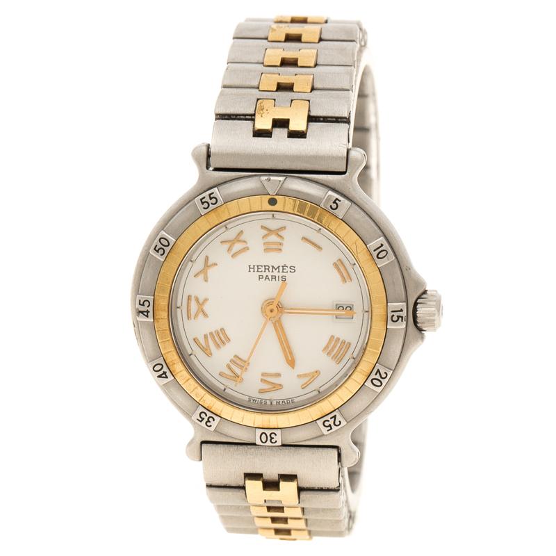 Hermes White Stainless Steel And Gold Tone Captain Nemo Women's Wristwatch 27 mm