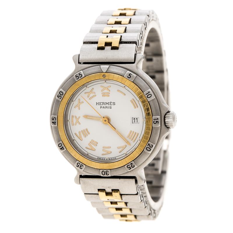 Hermes White Stainless Steel And Gold Tone Captain Nemo Women's Wristwatch 27 mm