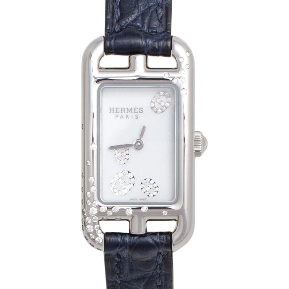 Hermes White Stainless Steel Diamonds Nantucket NA2.132 Women's Wristwatch 17 mm In Excellent Condition In Dubai, Al Qouz 2